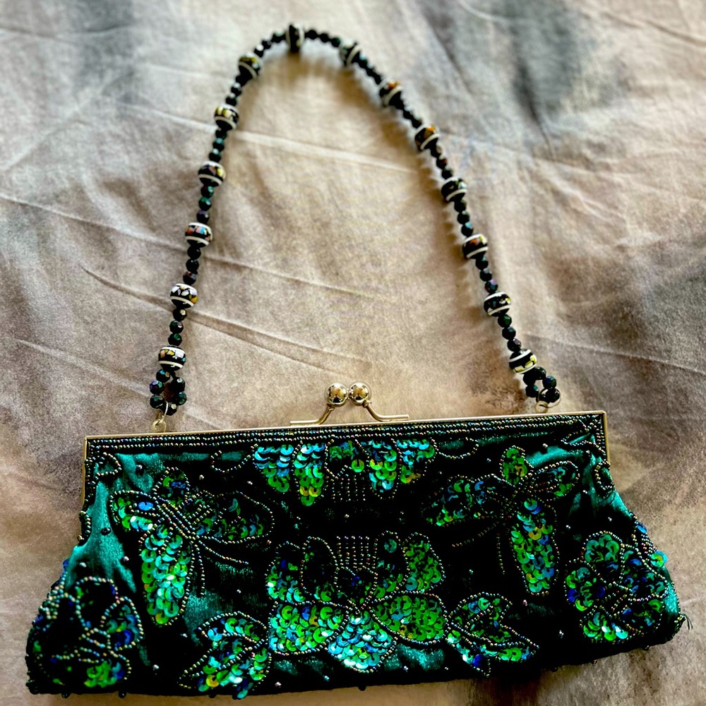 Sequin Flower Butterfly Beaded Clutch Purse Green Beads Sequins Apt 9